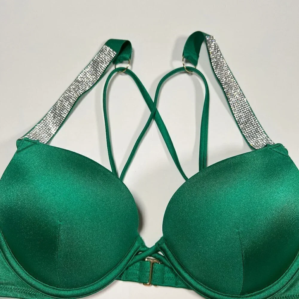 Victoria Secret 34DD Bombshell Push Up Bikini Top Miraculous Shine Strap Green